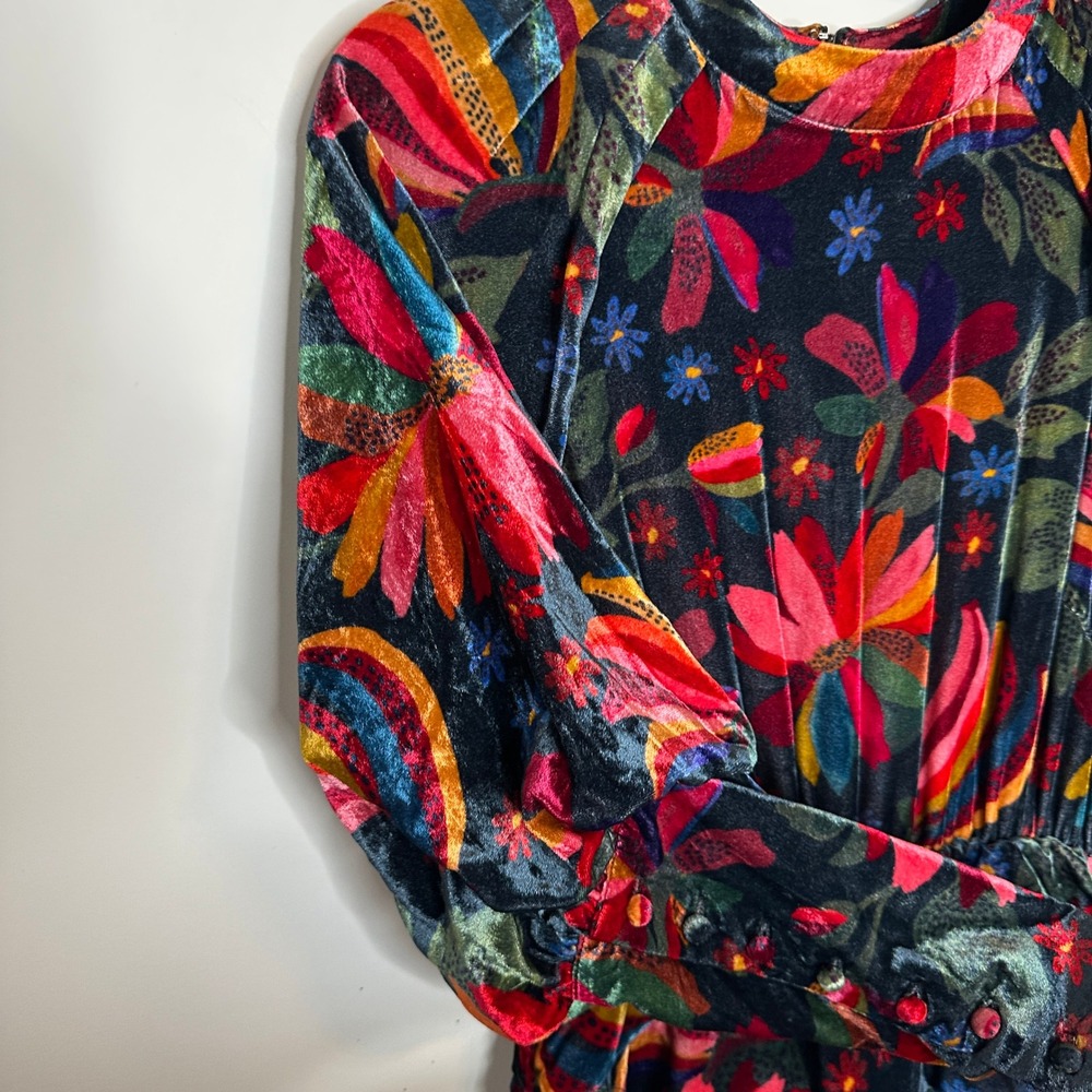FARM Rio Velvet Banana Sky Floral Mini Dress Tiered Long Sleeve Size Small - Picture 13 of 16
